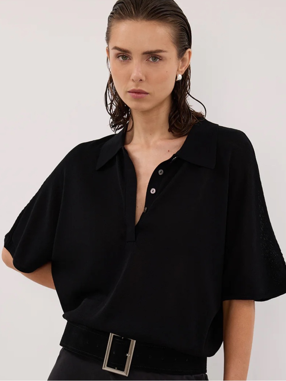 DISSH Eli Black Polo Knit Top NWOT